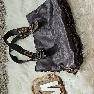 Vintage Betsey Johnson Brown Shoulder Bag with Chain and Stud Trim